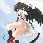  black_eyes black_hair black_wings breasts camera day feathers from_behind hat looking_at_viewer medium_breasts open_mouth panties ran_(9ens2000) shameimaru_aya short_hair sky solo tokin_hat touhou underwear upskirt white_panties wings 