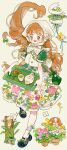  1girl :d absurdres ankle_socks apron black_shoes blue_eyes blue_flower blush blush_stickers bonnet bow braid brown_hair buttons classic_lolita country_lolita cup dog dress fashion floating_hair floral_print flower flower_pot footwear_bow frills full_body green_bow green_dress green_eyes green_flower green_ribbon green_shirt green_theme hair_bow headscarf highres holding holding_tray lace_trim leaf leaf_print lolita_fashion long_hair looking_at_viewer mary_janes open_mouth orchid original pink_flower plant potted_plant puffy_short_sleeves puffy_sleeves purple_flower putong_xiao_gou ribbon shirt shoes short_sleeves simple_background skirt smile socks solo tassel teacup teapot tray vase very_long_hair vest watering_can white_apron white_background white_bow white_flower white_headscarf white_ribbon white_skirt white_socks yellow_flower 