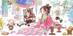  1girl :o absurdres bird blue_flower blush book branch brown_eyes brown_hair chinese_clothes earrings fingernails flower food fruit full_body grapes hair_flower hair_ornament hair_stick hanfu highres jewelry lips long_hair long_sleeves looking_at_viewer lotus mirror nail_polish open_book original peach pink_flower pink_hanfu pink_lips pink_nails plant potted_plant putong_xiao_gou reflection scroll sitting solo sweets table tassel teapot vase white_background 