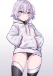 1girl black_panties black_thighhighs blush breasts drawstring fate/grand_order fate_(series) green_eyes hair_between_eyes highres hood hooded_sweater jack_the_ripper_(fate/apocrypha) long_sleeves looking_at_viewer miyabi_urumi navel panties scar scar_across_eye scar_on_cheek scar_on_face short_hair shoulder_tattoo small_breasts solo sweater tattoo thighhighs thighs underwear white_hair white_sweater 