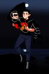  2boys black_hair blue_eyes cape carry carrying dc_comics denim domino_mask flying gloves jeans male male_focus mask moon multiple_boys night ocean pants robin_(dc) superboy tim_drake young_justice young_justice:_invasion 