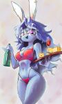 absurd_res alcohol anthro beverage big_butt bikini bikini_bottom bikini_thong bikini_top blue_body blue_fur blue_hair blush buckteeth butt cheese cheese_wedge clothing container cup dairy_products drinking_glass ear_piercing eyewear female food fur gesture glass glass_container glass_cup glasses hair hi_res lagomorph large_glasses laststitches leg_scar leporid long_hair looking_at_viewer looking_pleasured mammal markings noconcession piercing pinky_out pinup portrait pose purple_eyes rabbit red_bikini red_clothing red_swimwear round_glasses scar scars_all_over scut_tail serving serving_alcohol serving_food serving_tray short_tail solo solo_focus stitches_(laststitches) swimwear tail teeth thigh_scar two-piece_swimsuit wine wine_bottle wine_glass
