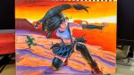  1girl absurdres bare_shoulders belt black_hair black_skirt boots braces breasts clenched_hand crop_top elbow_gloves english_commentary facebook_username fighting_stance final_fantasy final_fantasy_vii final_fantasy_vii_remake fingerless_gloves gloves highres long_hair looking_at_another looking_to_the_side marquis_devon_burgess medium_breasts midriff miniskirt navel on_one_knee orange_sky outdoors outstretched_hand photo_(medium) sabotender sidelocks simple_background sketchbook skirt sky solo sunset tank_top thighhighs tifa_lockhart traditional_media utility_belt white_background 
