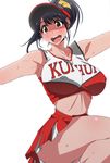  1girl armpits black_hair breasts brown_eyes cheerleader erect_nipples female hair_ornament huge_breasts kunifuto miniskirt open_mouth panties pantyshot ponytail short_hair short_skirt simple_background skirt solo sun_visor sweat thighs underwear upskirt visor white_background white_panties 