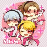  3boys :d :o belt blonde_hair brown_hair chibi chibi_only commentary_request cropped_torso diagonal-striped_background elbow_gloves energy_gun facial_hair gloves grey_hair group_name gun half_updo hazama_michio holding holding_gun holding_weapon idolmaster idolmaster_side-m kinococcos long_hair maita_rui male_focus multiple_boys mustache_stubble one_eye_closed s.e.m_(idolmaster) short_hair side_cape smile sparkle striped_background stubble v w weapon white_gloves yamashita_jiro 