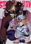  2boys ball beanie blonde_hair blue_eyes blue_pants blue_sleeves bridal_gauntlets brown_cape brown_hat brown_pants cape commentary cowboy_hat english_commentary goggles goggles_on_headwear gold_teeth green_ball green_eyes green_lips grin gyro_zeppeli hair_over_one_eye hat heart_ornament highres holding holding_ball holster hood hood_down hoodie horseshoe horseshoe_hat_ornament johnny_joestar jojo_no_kimyou_na_bouken long_hair looking_at_viewer lying medium_hair multiple_boys on_side pants pointing pointing_at_viewer purple_bridal_gauntlets purple_shirt purple_sleeves reykun shirt short_hair smile spurs star_(symbol) star_print steel_ball_(jojo) steel_ball_run two-tone_sleeves white_hat white_hoodie white_sleeves wristband 