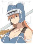  1girl armor blue_armor breasts brown_eyes brown_hair cleavage closed_mouth collarbone daisy_(dq) dragon_quest dragon_quest_yuusha_abel_densetsu fake_horns helmet highres holding holding_sword holding_weapon horned_helmet horns kichihachi large_breasts long_hair looking_at_viewer orange_hair simple_background solo sword weapon white_background 