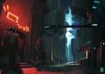  alley armor brosa building city cyberpunk dark day glowing guard knee_pads light male_focus multiple_boys neon_lights nightclub original outdoors scenery science_fiction 