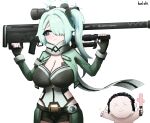  1girl absurdres alternate_costume anti-materiel_rifle belt belt_buckle black_belt black_shorts blue_archive blue_halo breasts buckle cleavage commentary cosplay cowboy_shot doodle_sensei_(blue_archive) english_commentary fingerless_gloves gloves green_eyes green_hair gun hair_over_one_eye halo haniwa_(statue) highres hiyori_(blue_archive) holding holding_gun holding_weapon kai_xin large_breasts long_hair long_sleeves looking_at_viewer ntw-20 parted_bangs rifle scarf sensei_(blue_archive) short_shorts shorts side_ponytail sidelocks simple_background sinon sinon_(cosplay) sniper_rifle sword_art_online weapon white_background white_scarf 