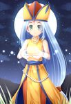  aqua_eyes bad_id bad_pixiv_id blue_hair brown_legwear dragon_quest dragon_quest_vii dress fosse_(dq7) full_moon gem grass hat highres komimiyako long_hair low-tied_long_hair magic moon night pantyhose solo surprised 