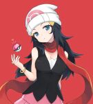  1girl beanie black_shirt bracelet breasts closed_mouth commentary dawn_(pokemon) eyelashes hair_ornament hairclip hat head_tilt highres jewelry looking_at_viewer love_ball pink_skirt poke_ball pokemon pokemon_dppt red_background red_scarf roozin scarf shirt sidelocks simple_background skirt sleeveless sleeveless_shirt solo star_(symbol) white_hat 
