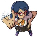  1girl blue_hair bow bowtie full_body glasses green_eyes inazuma_eleven_(series) open_mouth orange_bow otonashi_haruna pointing pointing_at_viewer red-framed_eyewear shirt skirt white_background white_shirt 