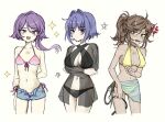  3girls :3 :d ahoge aida_(aidacamelia0516) alice_(murder_drones) anger_vein arm_at_side arm_behind_back arms_under_breasts bare_arms bare_shoulders bikini black_bikini black_jacket blue_hair blue_sarong breasts breasts_apart brown_hair chest_tattoo cleavage closed_mouth commentary cropped_legs dark-skinned_female dark_skin denim denim_shorts dot_mouth english_commentary expressionless fang front-tie_bikini_top front-tie_top hair_between_eyes hair_intakes high_ponytail humanization jacket large_breasts long_sleeves looking_at_viewer low-tied_sidelocks medium_hair multiple_girls murder_drones navel nori_(murder_drones) number_tattoo open_clothes open_fly open_jacket open_mouth orange_eyes pink_bikini ponytail purple_eyes purple_hair sarong see-through_clothes see-through_jacket see-through_sarong short_hair shorts side-tie_bikini_bottom sidelocks single_sidelock skin_fang skinny sling_bikini_top small_breasts smile sparkle standing star_(symbol) stomach sweat swept_bangs swimsuit tail tattoo v-shaped_eyebrows yellow_bikini yeva_(murder_drones) 