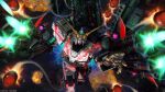  absurdres battle beam_cannon contrail copyright_logo energy energy_beam explosion firing full_armor_unicorn_gundam glowing gundam gundam_battle_operation_2 gundam_unicorn highres itano_circus machinery mecha mecha_focus missile missile_pod mobile_suit nebula official_art painting_(medium) reaching reaching_towards_viewer realistic robot scan science_fiction space sunrise_(company) tenjin_hidetaka thrusters traditional_media unicorn_gundam v-fin 