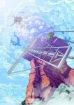  aircraft airship bloom chain cliff cloud cloudy_sky day fantasy floating_island fog foreshortening from_below gears highres jikkujiku no_humans original propeller scenery sky windmill 