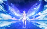  angel aqua_hair bicolored_eyes blue_hair clouds dress hatsune_miku sky twintails vocaloid water wings 
