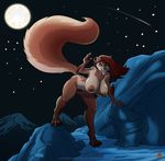  4_toes arm_tuft big_breasts breasts brown_nose canine claws fangs female fluffy_tail fur green_eyes hair hi_res hindpaw long_hair looking_at_viewer mammal moon mountain night nipples nude open_mouth orange_fur outside paws penny_flynn pubes red_hair rocks sky solo standing stars teeth thick_thighs thighs tongue tuft were werewolf white_fur zaftigbunnypress 