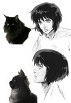  1girl absurdres aizheajsee black_hair blue_eyes ghost_in_the_shell greyscale highres kusanagi_motoko medium_hair monochrome multiple_views neck solo spot_color subdermal_port topless_female 