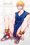  1boy akubaka basketball_uniform bdsm blonde_hair blush bondage bottomless bound clothed_erection erection erection_under_clothes kise_ryouta kuroko_no_basuke male male_focus penis pixiv_manga_sample solo sportswear tears yellow_eyes 