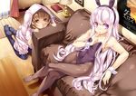  :o animal_ears animal_hood black_legwear bloomers blush book brown_eyes bunny_ears bunny_hood bunny_tail bunnysuit collarbone couch covered_navel crossed_legs curtains feet finger_to_mouth hood ichijou_hitoshi lamp lavender_hair leotard long_hair looking_at_viewer multiple_girls original pantyhose pink_hair poster_(object) purple_eyes sitting smile tail underwear wrist_cuffs 