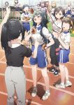  6+girls absurdres anpan bare_legs black_hair blank_eyes blue_shorts brown_hair collared_shirt cropped_shirt dance_trainer_(gakuen_idolmaster) faceless faceless_female food fujita_kotone gakuen_idolmaster green_hair gym_shorts gym_uniform hair_flaps hanami_saki headband highres idolmaster katsuragi_lilja long_hair looking_at_another looking_at_food mashiro_yu multiple_girls navel open_mouth pointing ponytail running_track shirt shirt_tucked_in shiun_sumika shoes short_sleeves shorts sneakers sports_festival stomach sweatdrop t_t tsukimura_temari v-shaped_eyebrows very_long_hair white_shirt white_shoes yellow_headband you&#039;re_doing_it_wrong yukie_(kusaka_shi) 