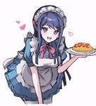  1girl :d apron blue_dress bow bowtie breasts cropped_legs danganronpa:_trigger_happy_havoc danganronpa_(series) dress food fuku_sa hair_bow hair_ornament hairclip heart highres large_breasts long_hair maid maid_apron maid_headdress maizono_sayaka omelet omurice pink_bow pink_bowtie short_sleeves simple_background smile solo teeth upper_teeth_only white_background 