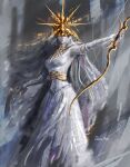  1girl artist_name bow_(weapon) breasts closed_mouth commentary covered_eyes crown dark_souls_(series) dark_souls_i dark_sun_gwyndolin develvdeva dress english_commentary genderswap genderswap_(mtf) highres holding holding_bow_(weapon) holding_weapon long_dress medium_breasts solo standing weapon white_dress 