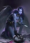  1girl angel angel_wings anklet bare_legs black_collar black_shirt black_skirt black_wings blood blood_splatter blue_lips blue_skin breasts chinese_commentary cleavage closed_mouth collar colored_skin commentary_request crop_top dagger eyelashes eyeshadow feathered_wings fur_collar gold_belt gold_necklace helm helmet highres holding holding_dagger holding_knife holding_weapon jewelry knife lipstick long_skirt makeup medium_breasts midriff necklace night on_one_knee original outdoors pink_blood purple_eyes purple_hair realistic severed_head shirt skirt sleeveless sleeveless_shirt smirk solo thick_eyebrows watermark weapon weibo_watermark wings xiaxiama 