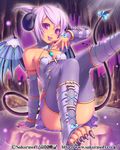  bad_id bad_pixiv_id bare_shoulders bow demon_girl demon_horns demon_tail demon_wings detached_sleeves horns long_toenails nail_polish original piro_(orip) polka_dot polka_dot_legwear purple_eyes purple_hair purple_legwear short_hair sitting skirt solo tail tail_bow teikoku_senki thighhighs toeless_legwear toenail_polish toenails tongue tongue_out wings 