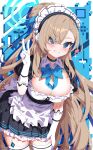  1girl absurdres apron aqua_halo asuna_(blue_archive) black_choker black_dress blue_archive blue_bow blue_bowtie blue_eyes blue_ribbon bow bowtie breasts brown_hair choker commentary dress elbow_gloves frilled_apron frills gloves hair_ribbon halo heart highres hua-huahua large_breasts maid_apron maid_headdress ribbon solo thighhighs v white_gloves white_thighhighs 