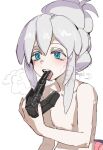  1girl black_mask blue_eyes blush bow_(bhp) colored_eyelashes deux_murasame dildo_under_mask freckles grey_hair gundam gundam_gquuuuuux hair_bun highres long_hair mask masked mouth_mask petite purple_pupils shoulder_blades simple_background updo white_background white_eyelashes white_hair 