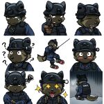 5_fingers anthro armor awkward blush canid canine canis clothing combat_helmet combat_vest domestic_dog fingerless_gloves fingers gloves gun handgun handwear happy headgear helmet hi_res male mammal meme pistol police police_officer police_uniform police_vest ranged_weapon seb_yu solo sticker_pack tonyhsq uniform weapon