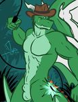  abs anthro balls bgn biceps big_muscles dragon flaccid green_dragon green_skin green_theme griz_sylverwing hat horn male muscles nude orange_eyes ouch pain pecs penis pose scales scalie sheath solo standing tear tears weapon whip wounded 