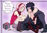  1boy 1girl black_hair english eyes_closed frown grin happy_birthday haruno_sakura menma_(naruto) naruto pink_hair short_hair sitting tagme 