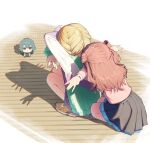  3girls ? \||/ absurdres arms_up black_overskirt blonde_hair blue_skirt brown_hair cat_shadow_puppet_(meme) chibi chibigurumi commentary_request crossed_arms fujita_kotone full_body gakuen_idolmaster green_hair hanami_saki highres idolmaster inoshishi969 jacket long_sleeves looking_at_another meme middle_w multicolored_jacket multiple_girls pleated_skirt shadow skirt squatting tsukimura_temari w 