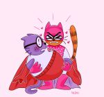 2025 anthro big_jim_(dog_man) blush carrying_another clothing dog_man_(series) domestic_cat duo eyes_closed eyewear felid feline felis glasses gloves grampa_(dog_man) handwear heart_symbol hi_res intexyuki mammal overweight simple_background superhero_costume