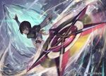  1girl armor black_hair commentary copyright_notice crop_top final_fantasy final_fantasy_vii gloves headband looking_at_viewer magic:_the_gathering nakamura_eight official_art open_mouth orange_gloves pauldrons short_hair shoulder_armor shuriken single_pauldron sleeveless sleeveless_turtleneck smile solo throwing_weapon turtleneck weapon yuffie_kisaragi 
