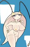 antennae_(anatomy) anthro areola big_breasts blue_background blue_pupils blush breasts choker eyelashes featureless_crotch female front_view generation_7_pokemon hand_on_hip hi_res huge_breasts jewelry katoneko navel necklace nintendo nipples nude pheromosa pokemon pokemon_(species) pupils purple_eyes simple_background slit_pupils solo thick_thighs ultra_beast white_background white_body wide_hips yellow_areola yellow_nipples