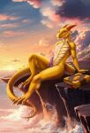 amber_eyes belly_plates book cliff clothing cyan_robe dungeons_and_dragons erection genitals gold_body gold_book gold_scales hasbro hi_res horn kobold magic_user nubs orange_gemstones penis pink robe scalie sea spellbook sunrise sunset topaz_dragon water water_splashes wizards_of_the_coast