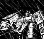  autobot english_commentary greyscale highres looking_up mecha mecha_focus monochrome no_humans optimus_prime protected_link rain reece_b_scott robot science_fiction sitting transformers transformers:_generation_1 