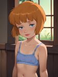  1girl ai-generated bare_shoulders blue_eyes bob_cut bra brown_hair flat_chest highres inverted_bob jane_darling looking_at_viewer navel non-web_source short_hair solo training_bra underwear walt_disney&#039;s_peter_pan window 