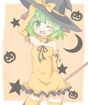  alternate_costume animal_ears bamboo_broom bare_shoulders blush bow broom collar crescent dress elbow_gloves fang gloves green_eyes green_hair halloween hat highres jack-o'-lantern kasodani_kyouko one_eye_closed open_mouth pumpkin ribbon shino_megumi short_hair smile solo star thighhighs touhou witch_hat 