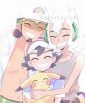  1girl 2boys ash_ketchum black_hair blush blush_stickers brown_hair burnet_(pokemon) closed_eyes dark-skinned_female dark-skinned_male dark_skin dot_nose facial_hair goatee green-framed_eyewear grey_shirt hair_bun hand_on_another&#039;s_hip hat highres holding holding_pokemon jacket kukui_(pokemon) lab_coat medium_hair mismatched_eyebrows multiple_boys open_clothes open_jacket pika2pocket pikachu pokemon pokemon_(anime) pokemon_(creature) pokemon_sm_(anime) red_hat shirt short_hair sleeveless sleeveless_shirt smile sunglasses tan teeth topless_male white_hair white_hat white_jacket 