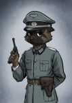 anthro canid canine canis clothing domestic_dog duty_belt grey_background gun handgun hat headgear headwear hi_res male mammal military_cap military_uniform nazi nazi_uniform pistol ranged_weapon seb_yu simple_background solo tonyhsq uniform weapon