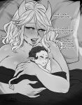  2girls baby carrying carrying_baby carrying_person demon_girl demon_horns demon_tail english_text greyscale highres horns long_hair looking_at_another monochrome mother_and_daughter multiple_girls open_mouth original pillow short_hair succuboos sweat tail 