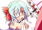  :p alternate_costume bare_shoulders blue_hair bow cross eyepatch fang hair_bow icefloe karakasa_obake open_mouth red_eyes ribbon short_hair solo tatara_kogasa tongue tongue_out touhou umbrella 