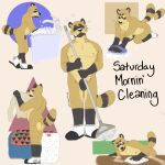 anthro black_ears black_hands black_nose broom brown_body brown_eyes brown_fur canid canine casual_nudity cleaning_rag cleaning_supplies cleaning_tool clothing eyebrows eyes_always_closed eyes_closed footwear footwear_only frown fur furniture genitals hi_res kneeling laundry male mammal mop mostly_nude nipples nude p_rindustries p_rindustries_(p_rindustries) penis raccoon_dog shoes simple_background sink slippers slippers_only socks socks_only standing table tanuki thick_eyebrows tongue tongue_out whisker_spots