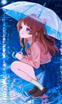  1girl amashi_2278 blazer blue_overskirt blue_ribbon blue_skirt blush brown_hair brown_jacket brown_shoes commentary cropped_jacket double_bun gakuen_idolmaster hair_bun hanami_saki hatsuboshi_gakuen_school_uniform highres holding holding_umbrella idolmaster jacket light_smile loafers long_hair long_sleeves looking_up neck_ribbon pleated_skirt rain ribbon school_uniform shirt shoes skirt socks solo squatting tears tiptoes transparent transparent_umbrella umbrella white_shirt white_socks 
