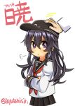  1girl 1other :t akatsuki_(kancolle) anchor_symbol ayutamisin black_hair black_hat black_sailor_collar black_skirt character_name closed_mouth crossed_arms flat_cap hand_on_another&#039;s_head hat kantai_collection long_hair long_sleeves neckerchief one-hour_drawing_challenge pleated_skirt puff_of_air purple_eyes red_neckerchief sailor_collar school_uniform serafuku simple_background skirt solo_focus twitter_username white_background 