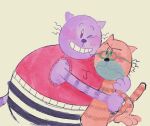2025 anthro big_jim_(dog_man) clothed clothing dog_man_(series) domestic_cat duo eyewear felid feline felis glasses grampa_(dog_man) hi_res hug male male/male mammal one_eye_closed overweight overweight_male purple_body simple_background teddyclowns white_background